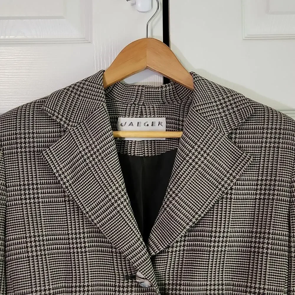 Vintage Jaeger‎ Womens Houndstooth Blazer Size SM Gray & White Single Breasted